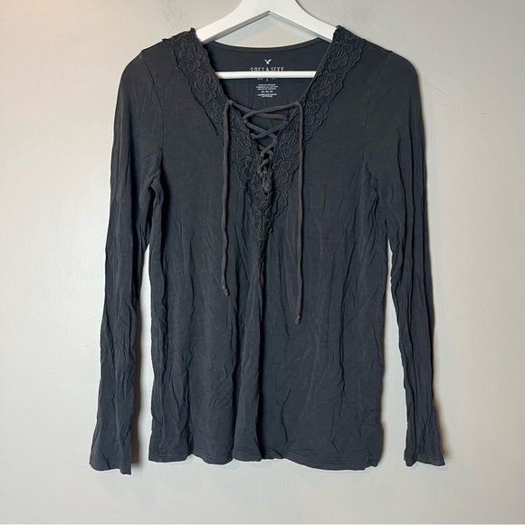 American Eagle Outfitters Soft & Sexy V-Neck Lace Up Long Sleeve Tee Med - Picture 1 of 6